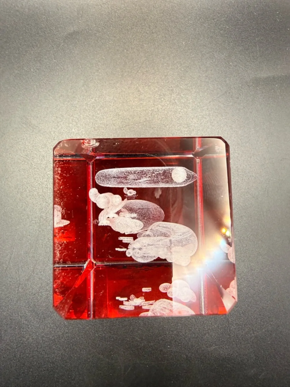 Taos Red and Clear Etched Kokopelli Glass Accent Paperweight 3D